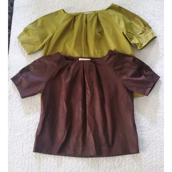 2 Michael by Michael Kors Med Short Sleeve Pleated Satiny Tops Green & Brown - Picture 2 of 14